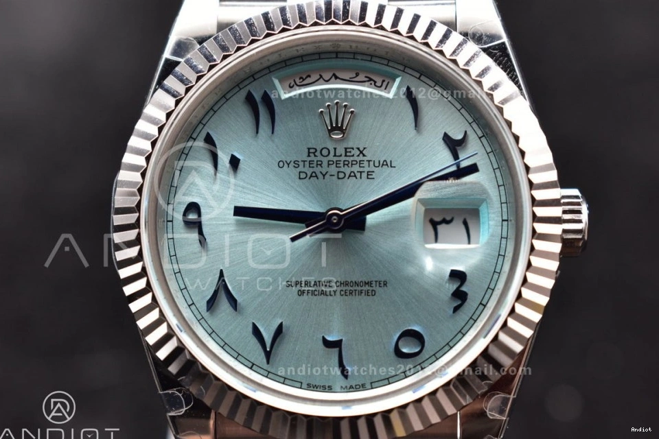 on Blue Dial V2 A3255 Arabic President Steel Markers Bracelet Iced GMF 904L DayDate SS 40 0511